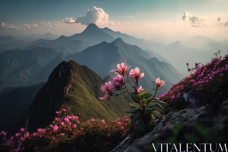 Blooming Flowers on Mountain Range: A Traditional Vietnamese Landscape AI Image