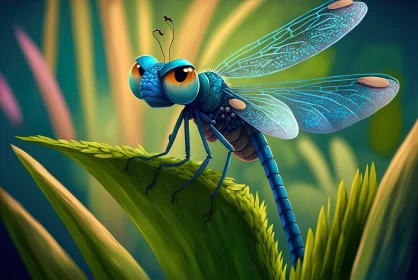 Blue Dragonfly on Grass: A Playful Illustrated Scene AI Image