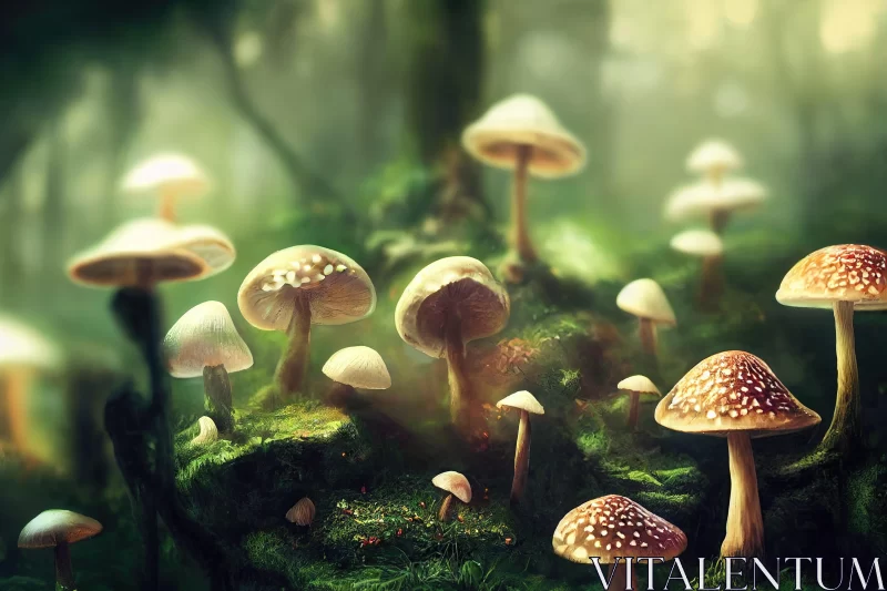 Fantasy Illustrated Mushrooms in a Mossy Forest AI Image