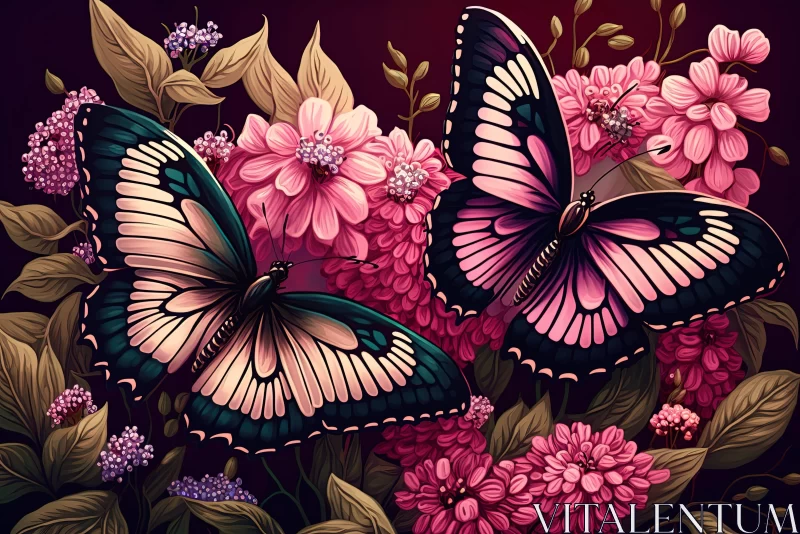 Pink Butterflies Amidst Flowers - A Mesmerizing Illustration AI Image