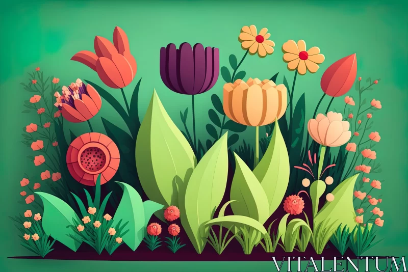 Spring Time Colorful Garden: A Flat Vector Illustration AI Image