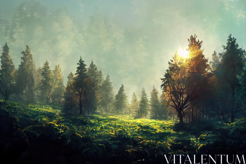Sunlit Forest with Fog - A Pastoral Landscape AI Image