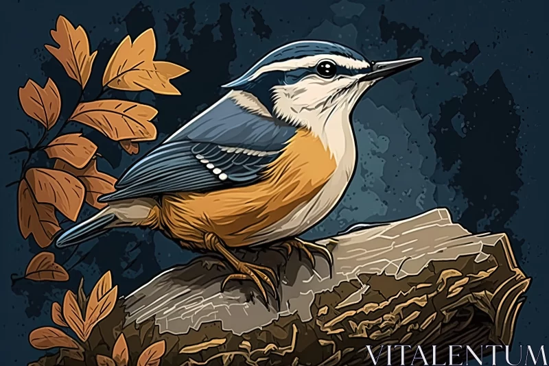 Cartoon Bird on Branch: Sky-Blue and Light Orange Illustration AI Image