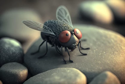 Detailed Cartoon Fly on Rock - Photorealistic Rendering AI Image