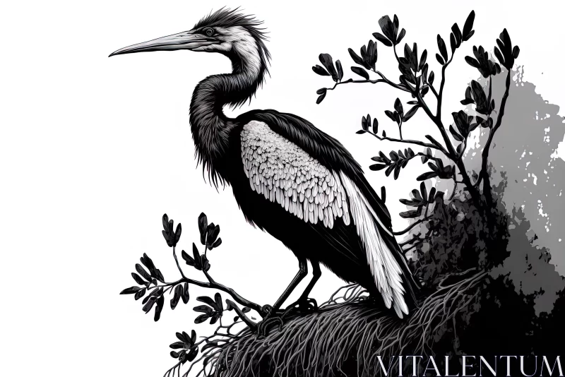 Intricate Black and White Heron Illustration AI Image