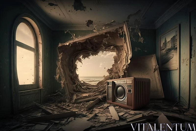 Post-Apocalyptic Room with Stereo: A Surrealistic Photorealistic Landscape AI Image