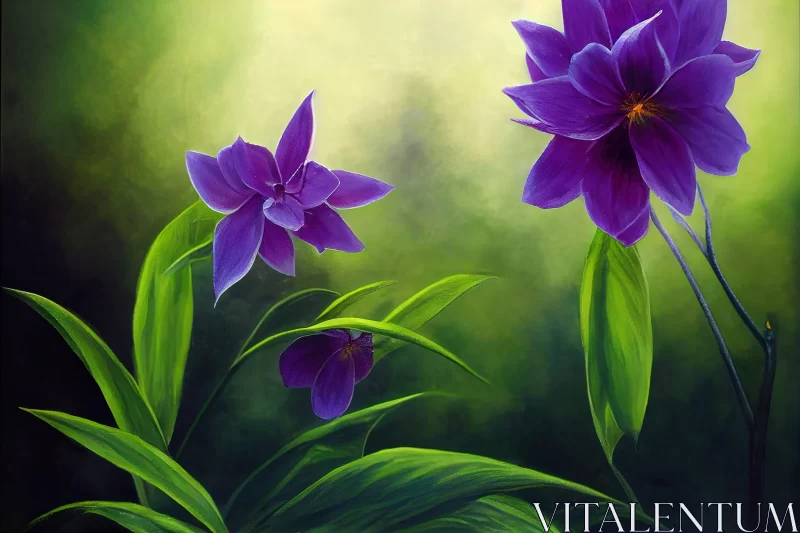 Purple Flowers on Green - An Oil Painting AI Image