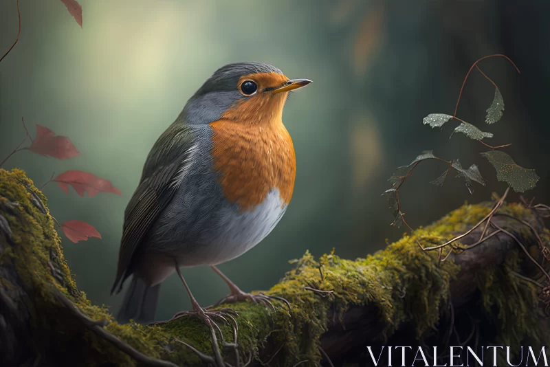 AI ART Charming Bird Perched on Moss-Covered Branch