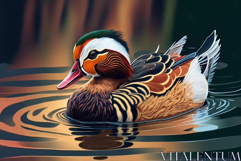 Detailed Duck Illustration in Pond - Brushstroke Style Artwork AI Image