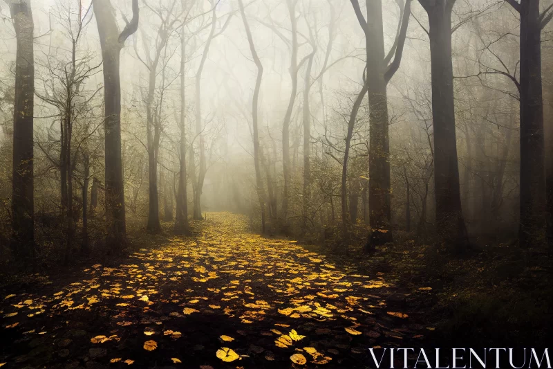 Fairytale-Inspired Foggy Forest Path in Dark Yellow and Gold AI Image