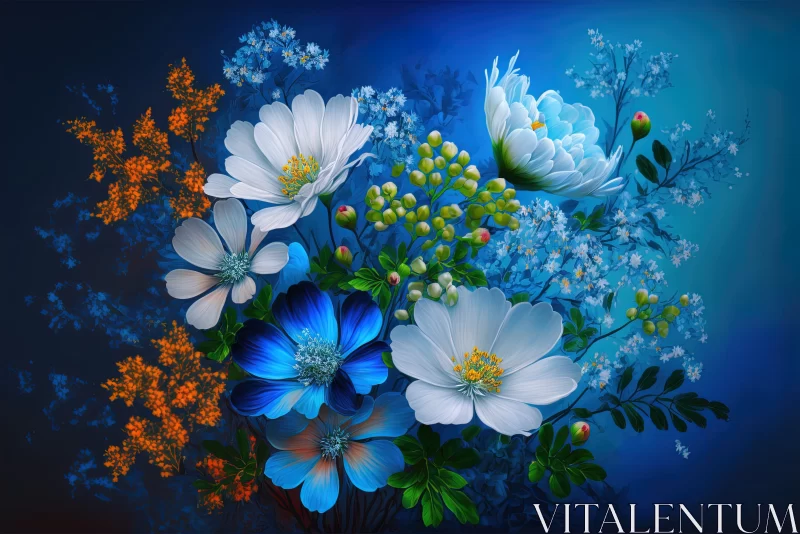 Intricate Floral Composition on Blue Background AI Image