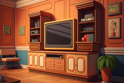 Vintage Living Room Scene in Cartoon-Realistic Style