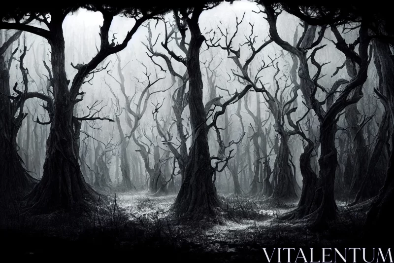 Black and White Illustration of a Dark Decaying Forest AI Image