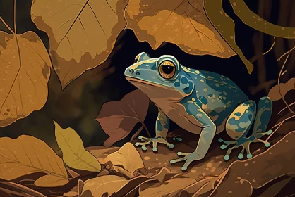Luminous Azure Frog in Autumn Woods: Digital Illustration