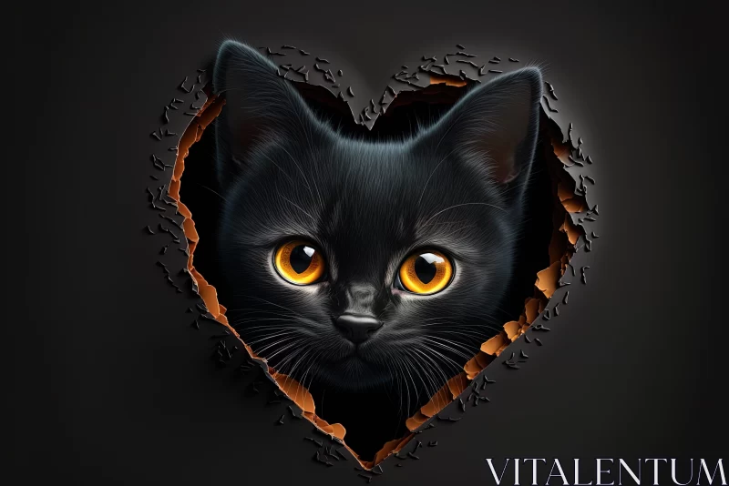 Romantic Illustration of a Tiny Black Kitten with Glowing Eyes AI Image