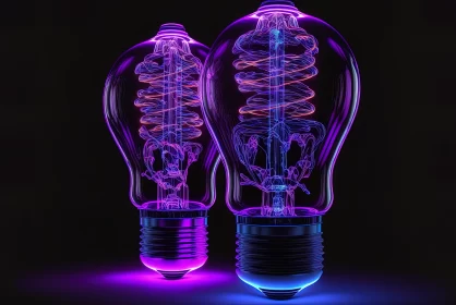 Surreal Neon Light Bulbs in Violet and Cyan AI Image
