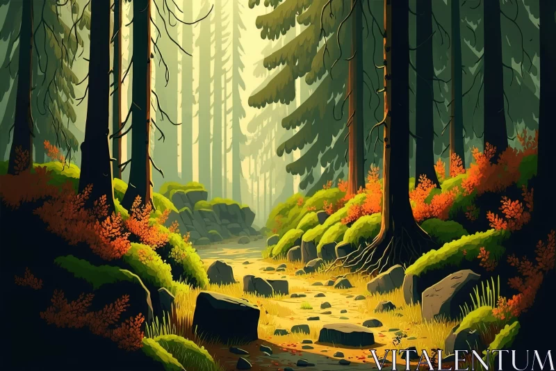 Warm-hued Illustration of a Forest Path with Detailed Wildlife AI Image