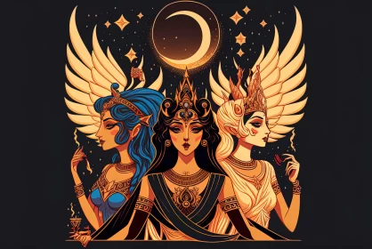 Ancient Moon Goddesses Illustration AI Image