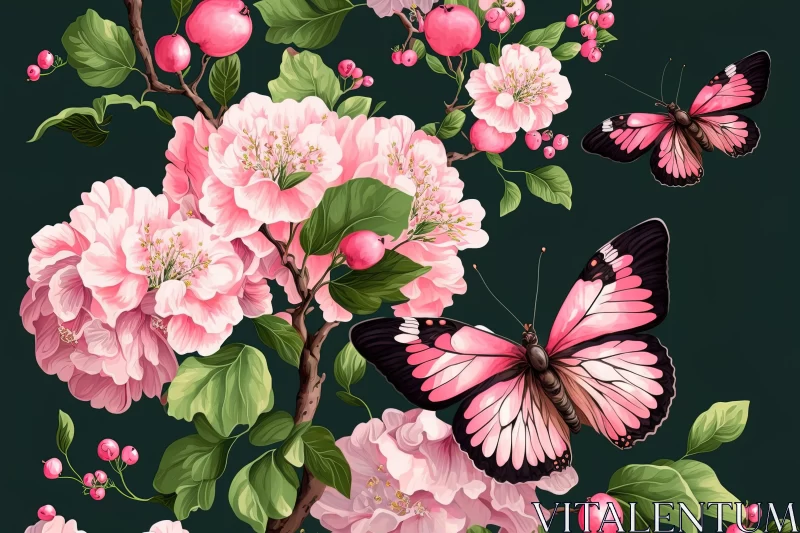 Beautiful Butterflies on Branches and Berries in Pink and Emerald Tones AI Image