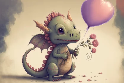 Charming Realism of a Dragon with a Pink Balloon Amidst Flowers AI Image