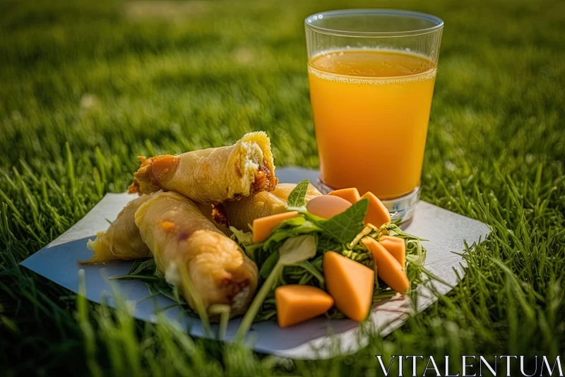 Fresh Spring Rolls and Juice in Tranquil Gardenscapes AI Image