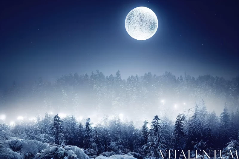 Full Moon Over Snowy Forest: A Mystical Fantasy Landscape AI Image