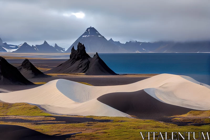 Ominous Landscapes: White Sand Dunes and Mountainous Vistas AI Image