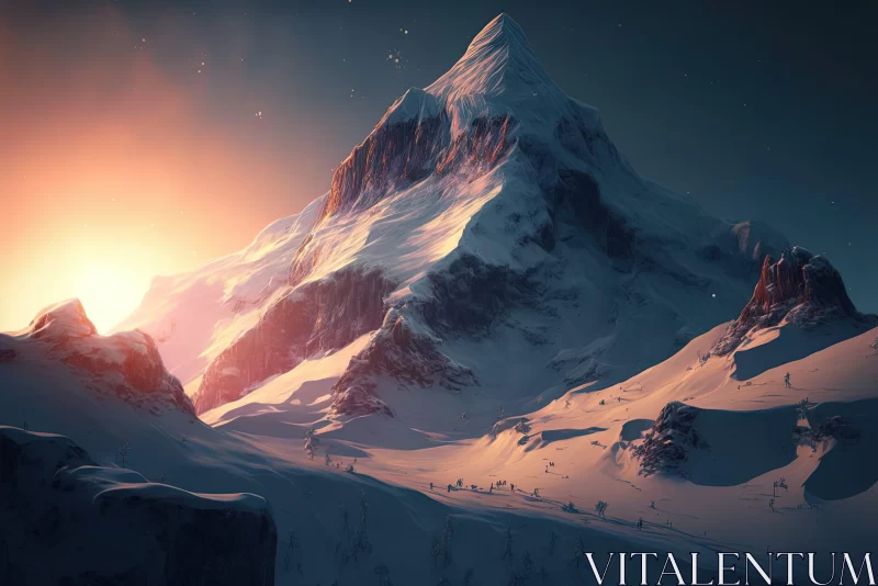 Snow-Covered Mountain Under Golden Light - Detailed Night Landscape AI Image