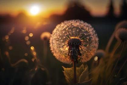 Sunset Field with Dandelion: A Photorealistic Representation AI Image