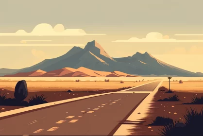 Desert Road Through Mountains: A Retro Illustrated Landscape