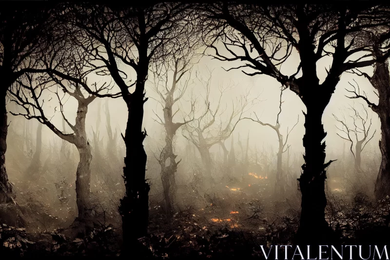 Haunting Forest Panorama with Dripping Flames AI Image