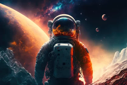 Lunarpunk Themed Art Depicting Astronaut Amidst Planets