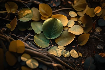 Romantic Woodland Imagery: Gold-Veined Green Leaves AI Image