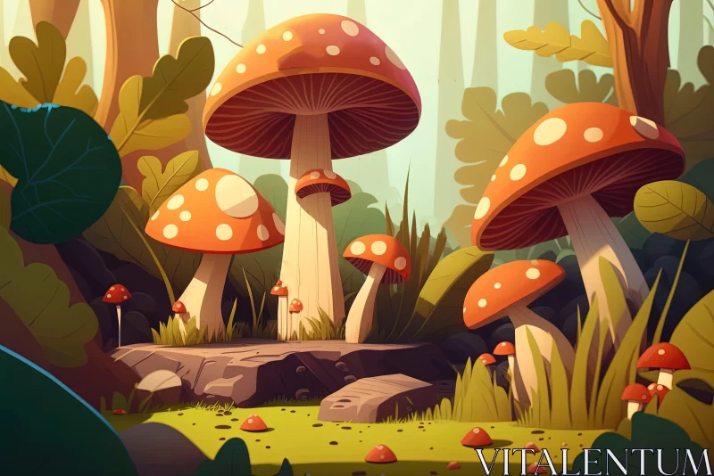 AI ART Vibrant Cartoon Mushroom Illustration in Forest Setting