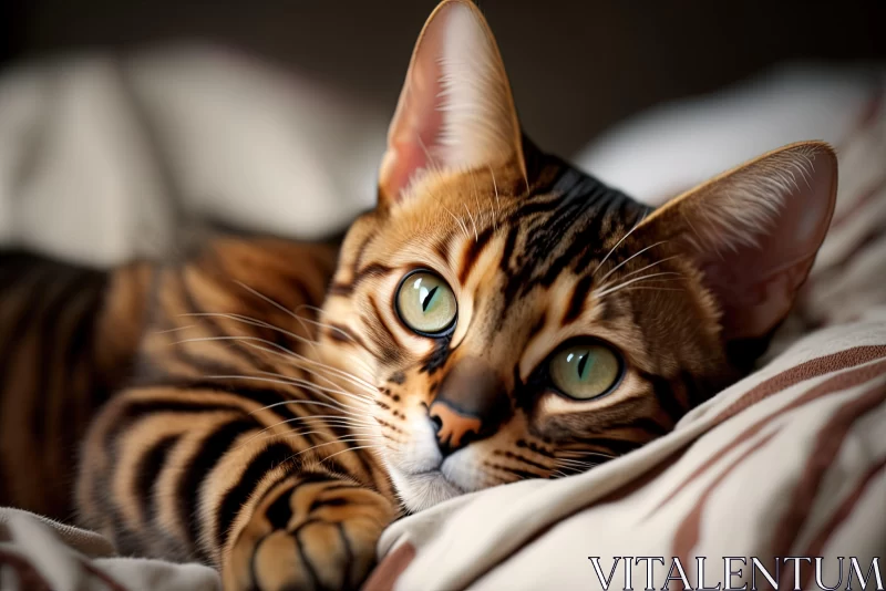 Bengal Cat on Bed: Smooth Lines and Bold Patterns AI Image