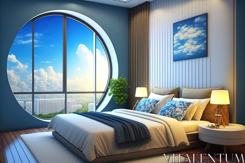 Dreamlike Blue Bedroom with Cityscape View through Round Window AI Image