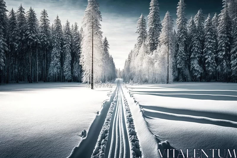 Dreamlike Winter Forest - Snowy Road Through Tranquil Woods AI Image
