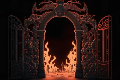 Flaming Demon Gate in Monochromatic Landscape