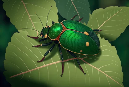 Green Beetle on Leaf - Nightmarish Illustrated Scene AI Image