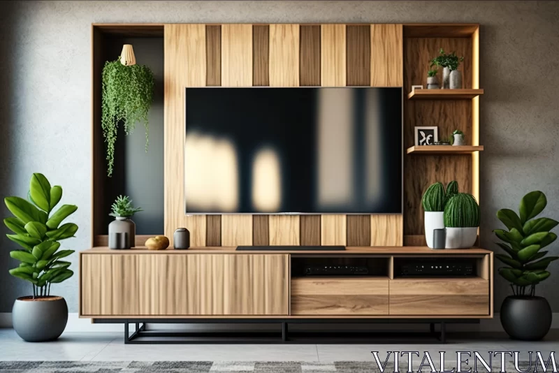 AI ART Modern Interior with Television Cabinet, Bookshelves and Indoor Plants
