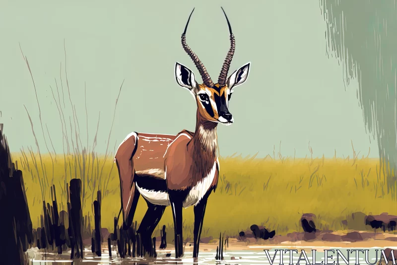 Antelope at Watering Hole: A Congo Art Inspired Illustration AI Image