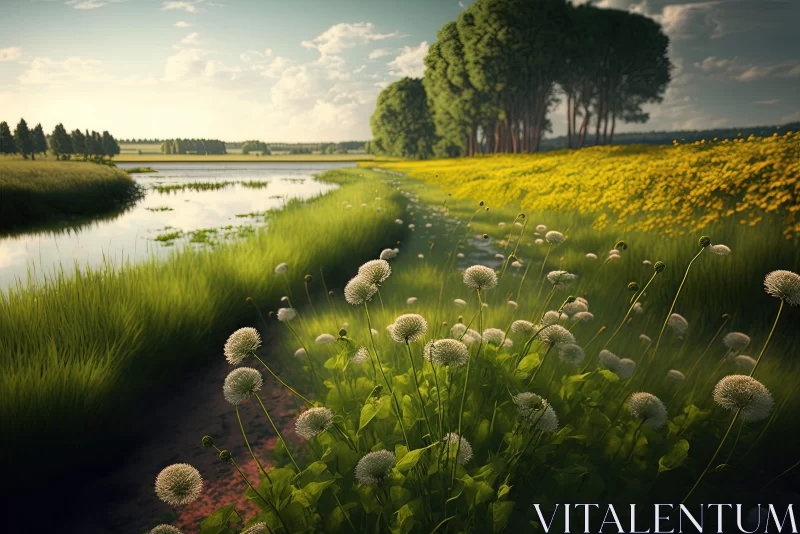 Idyllic Landscape Art - Flowers, Grassy Hills, and Old Watermill AI Image