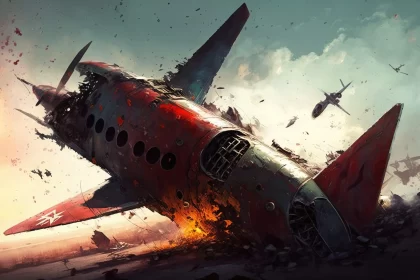 Plane Crash Amidst Explosions - A Post-Apocalyptic Artwork