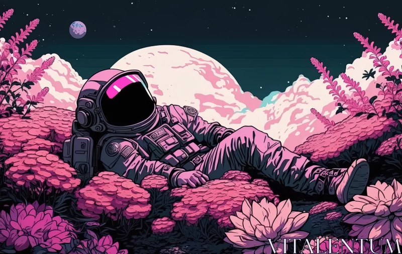 Psychedelic Spacescape: An Astronaut Amidst Pink Flora AI Image
