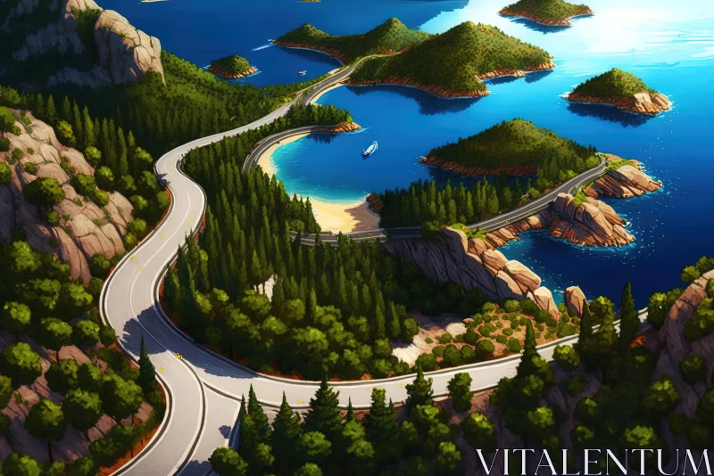 Scenic Island Landscape with Winding Roads and Majestic Mountains AI Image