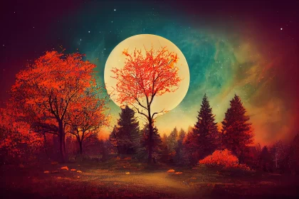 Surreal Full Moon Over a Colorful Forest AI Image