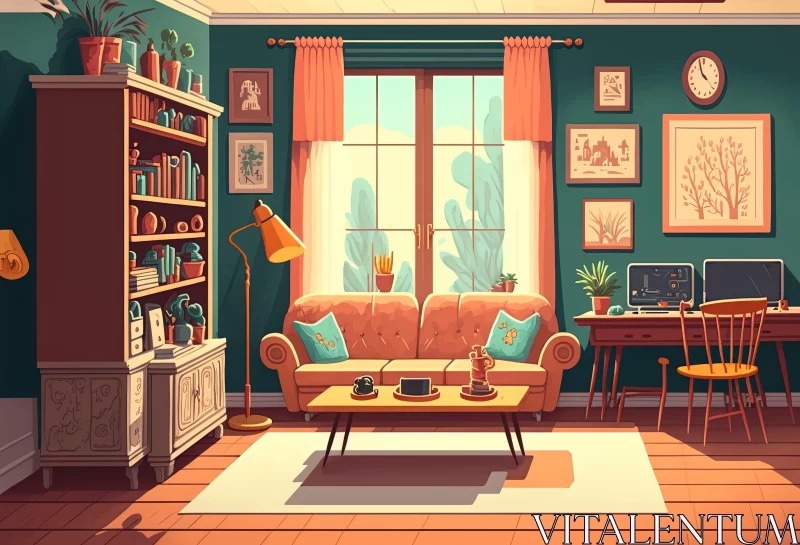 Vintage Interior Living Room Illustration AI Image