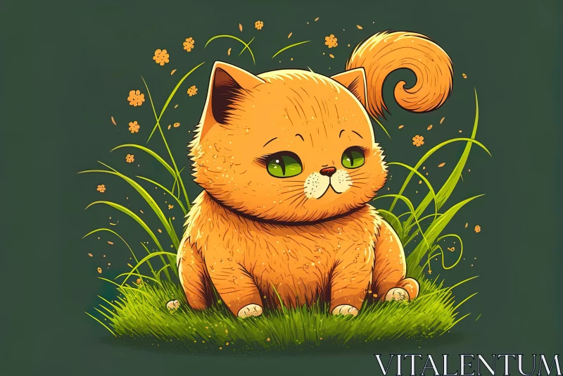 Amber-toned Anime Art: Cartoon Cat amidst Lush Greenery AI Image