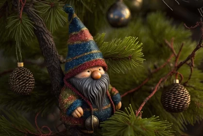 Christmas Gnome in Tree - A Capture of Festive Wonder AI Image