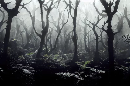 Mystical Foggy Forest with Charred Trees